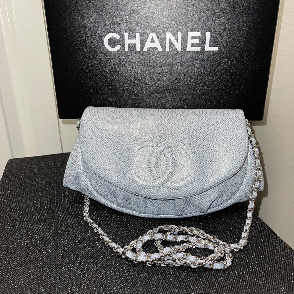 NEW Chanel Half Moon Pale Blue Caviar Leather Wallet on Chain WOC Crossbody Bag